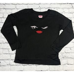 Kate Spade‎ New York Eye Wink Red Lips Lounge Top Black Poly Blend Long Sleeve M